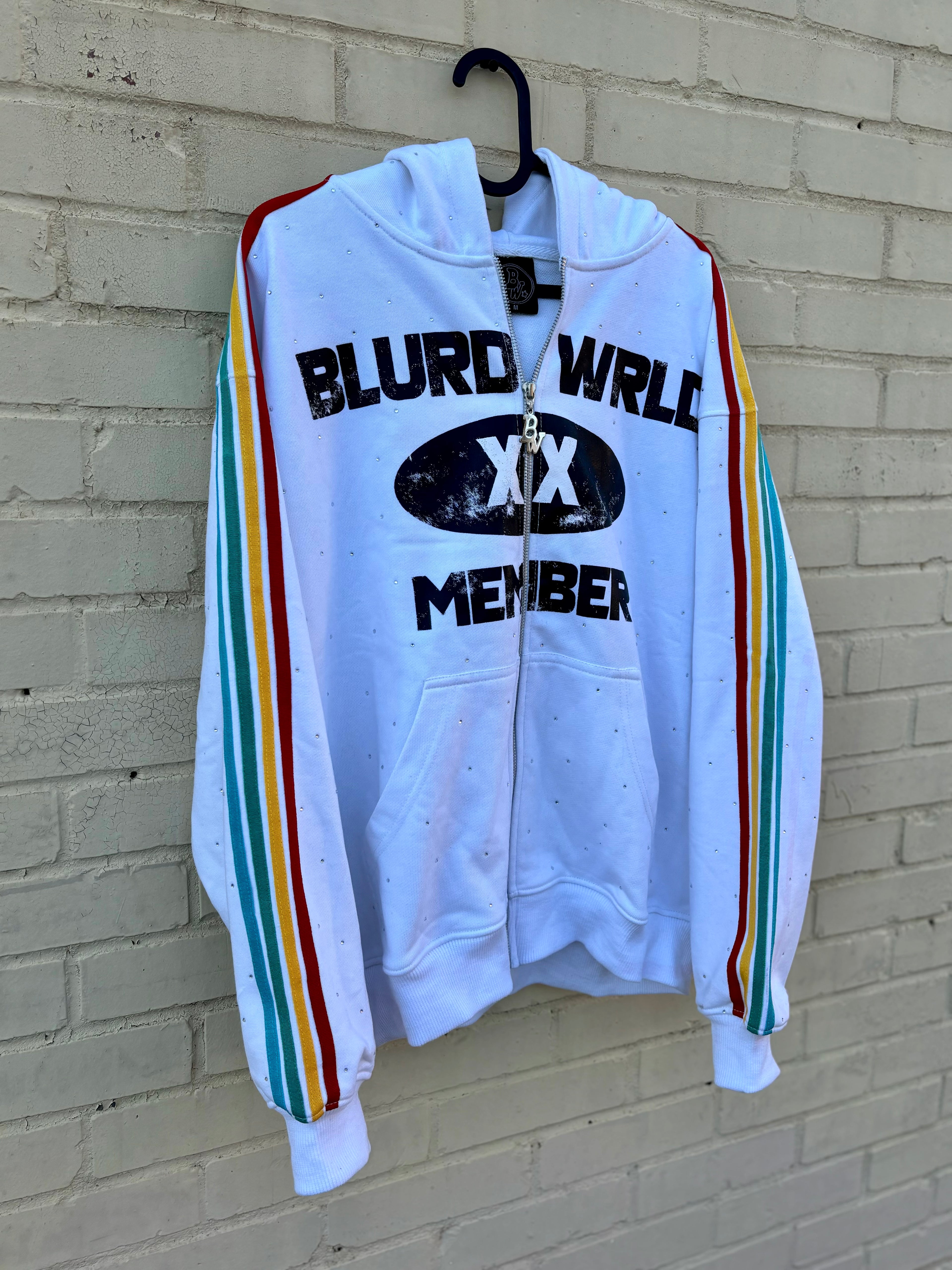 White Rhinestone Retro Zip-Up